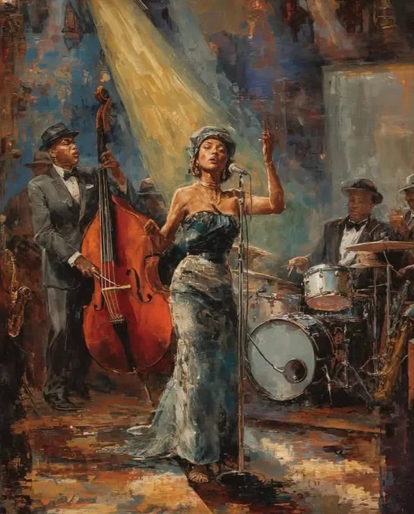 Painting of a jazz-club band: a singer at the microphone in a spotlight, with a double-bass player, a drummer and a saxophone