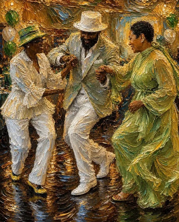 Painting of three dancers moving hand in hand: two in white suits and hats, one in a flowing green dress, under warm golden light
