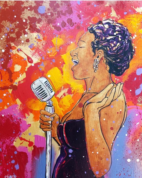 Painting of a woman singing with her eyes closed at a vintage microphone, against bright splashes of red, orange, pink and gold