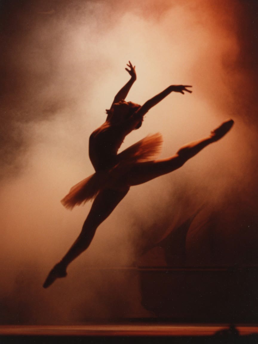 Station artwork: a ballet dancer mid-leap silhouetted in warm stage haze