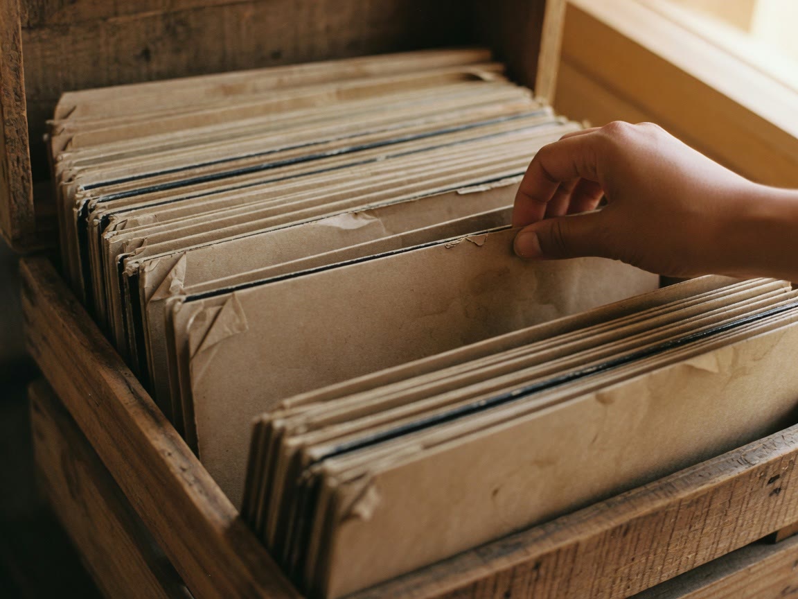Station artwork: a hand flipping through records in kraft-paper sleeves