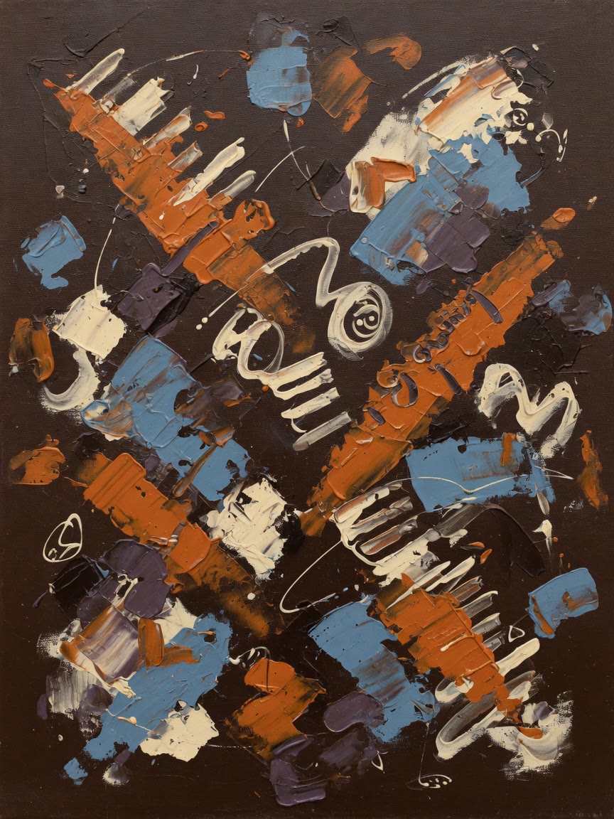 Abstract painting in burnt orange, dusty blue and cream on deep brown, shown for illustration