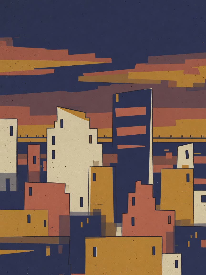 Geometric painting of a city skyline at dusk in terracotta, indigo and bone, shown for illustration