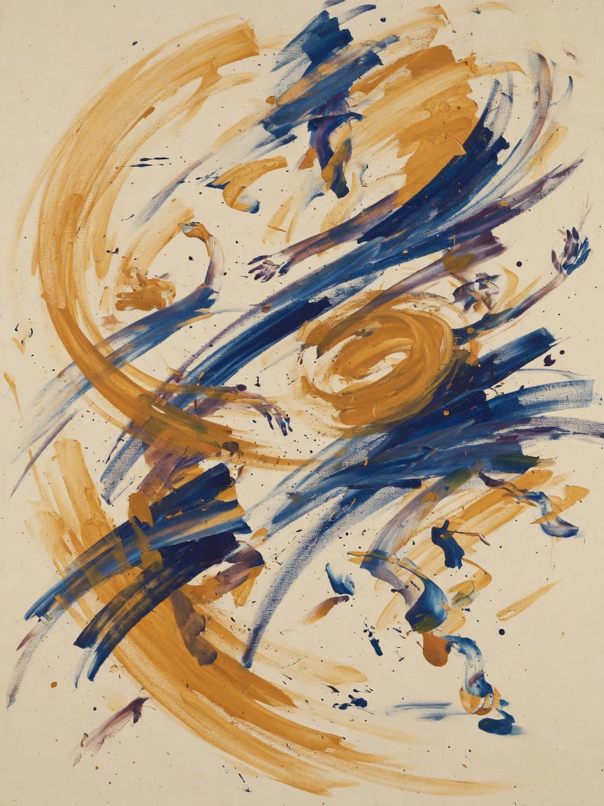 Gestural painting of dancers in ochre and deep blue on cream, shown for illustration