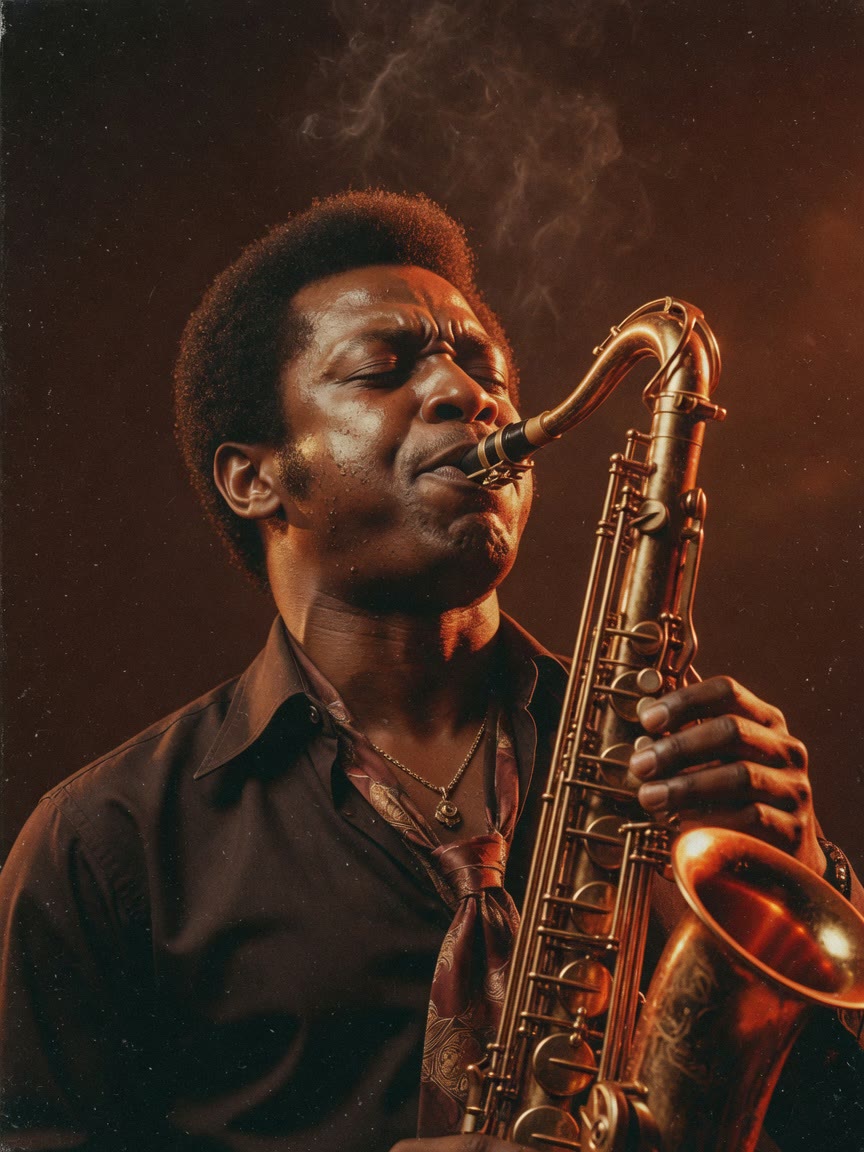 Station artwork: a saxophonist mid-solo in warm sepia and orange duotone