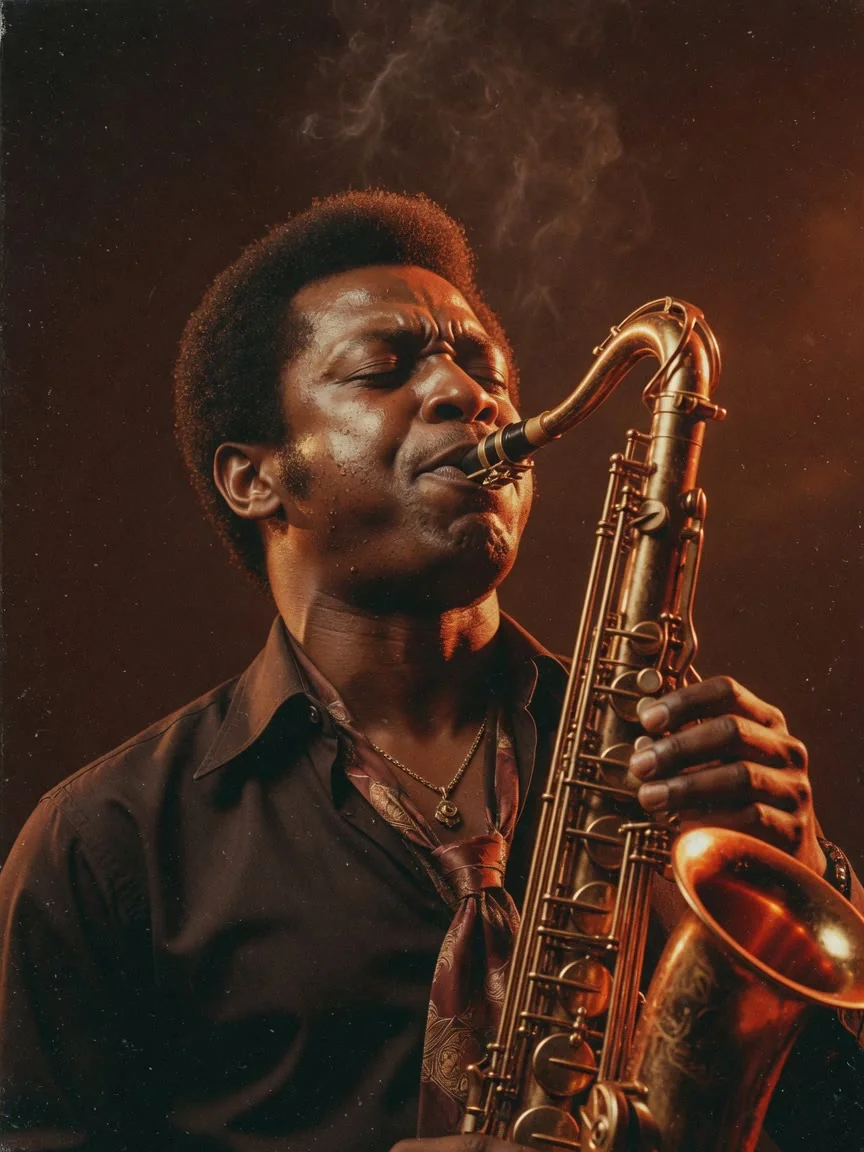 Station artwork: a saxophonist mid-solo in warm sepia and orange duotone