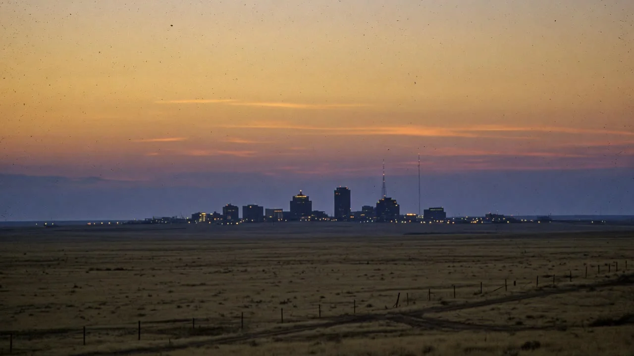 Station artwork: a distant city skyline with radio masts under an amber dusk sky over open plains