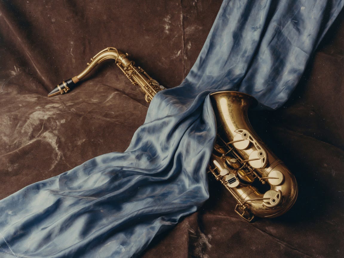Show artwork: dusty-blue silk draped over a saxophone resting on brown suede