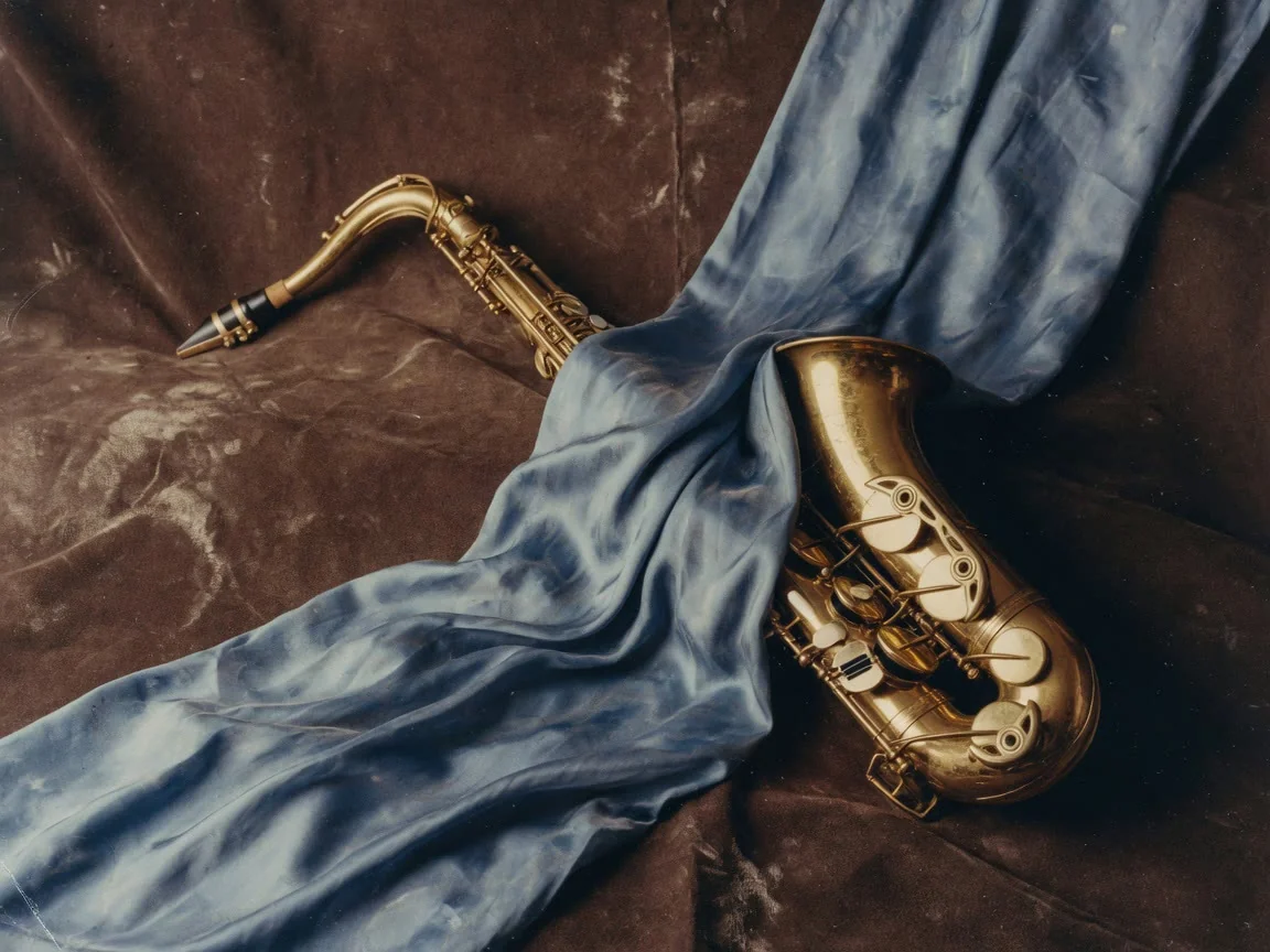 Show artwork: dusty-blue silk draped over a saxophone resting on brown suede